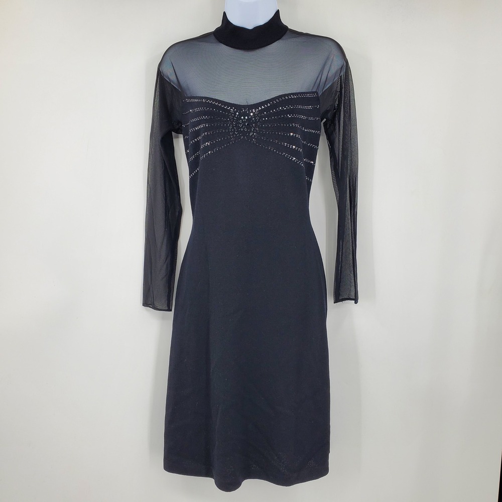 St John‎ Evening Marie Gray Black Knit Mesh Rhinestone Dress Size 4 Vintage LBD
